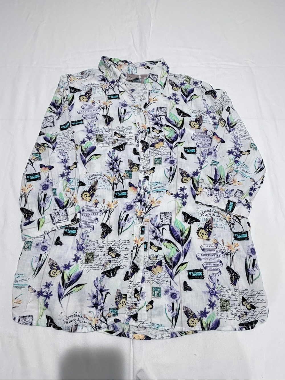 Chico’s Linen Blend Butterfly Floral 3/4 Sleeve Button-Up Blouse Size 1